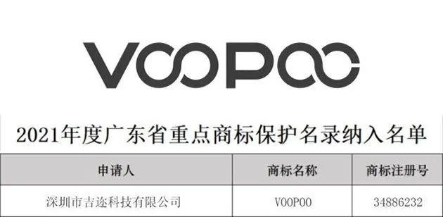 吉迩科技VOOPOO商标被纳入《广东省重点商标保护名录》