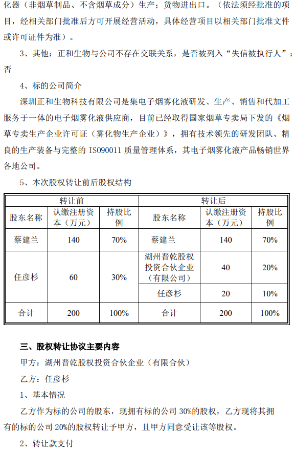 小崧股份投资电子烟雾化物公司正和生物，持股20%